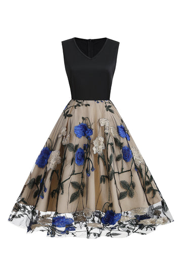 Azul 1950s Vestido Com Bordado